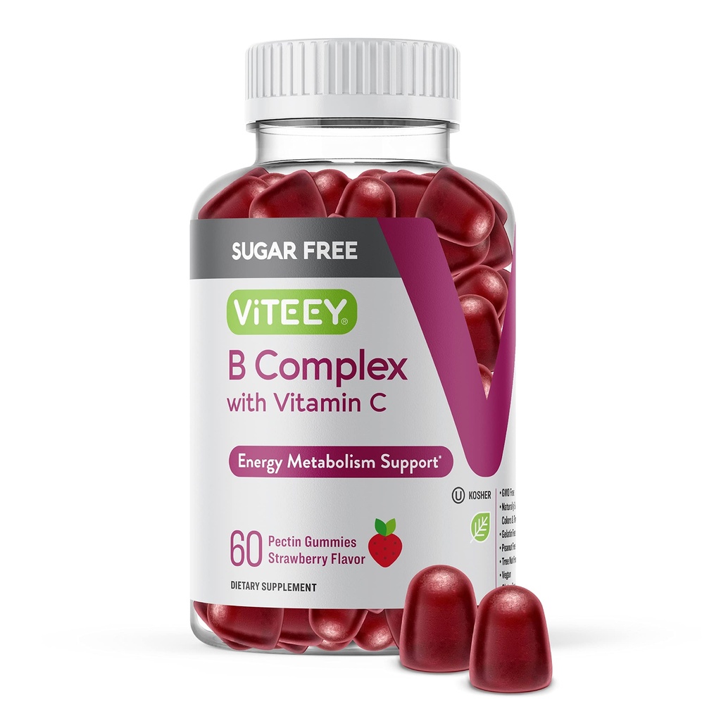 VITEEY Vitamin B Complex Gumies with Vitamin C, Sugar Free - Energy, Presnova in živec zdravje - B6, B12, Folna kislina, Biotin - Vegan, Želatina Brez GSO - Okusna žvečljiva jagoda Okusno gummy