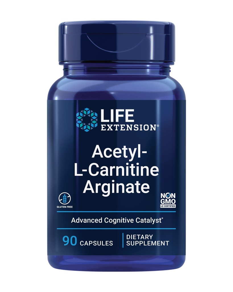 Life Extension Acetil-L-karnitin Arginat, napredno zdravje možganov in živcev, podpora celični energiji, Gluten-free, Non-GMO, 90 kapsul