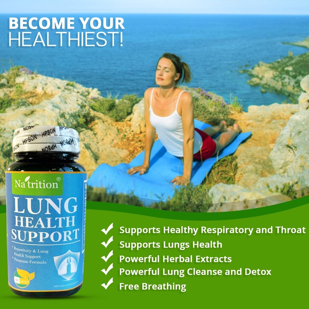Na'trition NATRITION Lung Support Supplement – Lung Health Natural Supplement za moške in ženske – Boljša pljuča dodatek z vitaminom C, cink, Quercetin in ingver v prahu – 60 kapsule