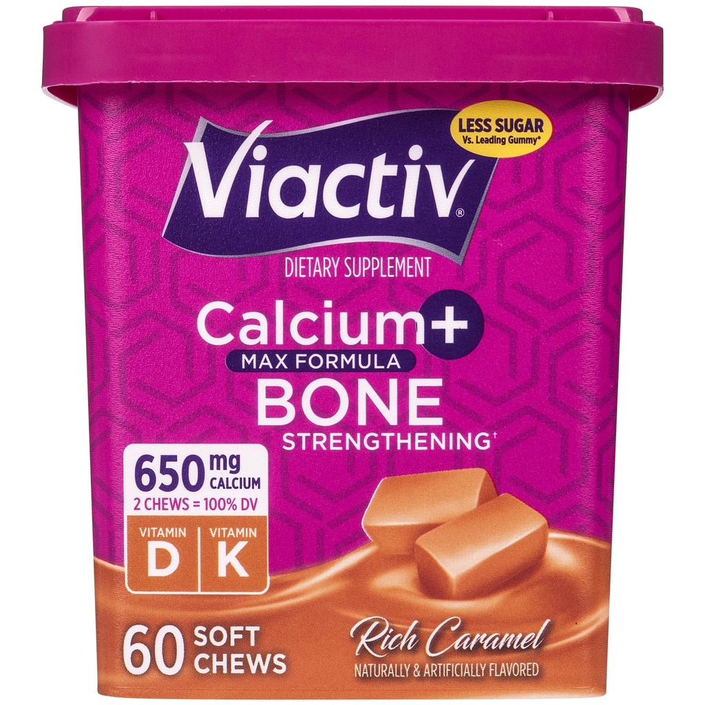 Viactiv Kalcij + Vitamin D Dopolnilo mehkih žvečil za ženske in moške - Žvečilni kalcij za zdravje kosti, 650 mg na serviranje, Vitamin D & K za visoko absorpcijo - 60 Število, Karamel