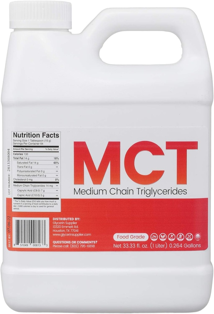 Glicerin Dobavitelj MCT Oil - 1 Liter (33.33 Oz.) Prehranska stopnja - Ne gensko spremenjeni - Halal - Vegan - Sustainable Palm Derivad - za Tinkture, Športna prehrana, Keto ali Paleo diet, Čista energija
