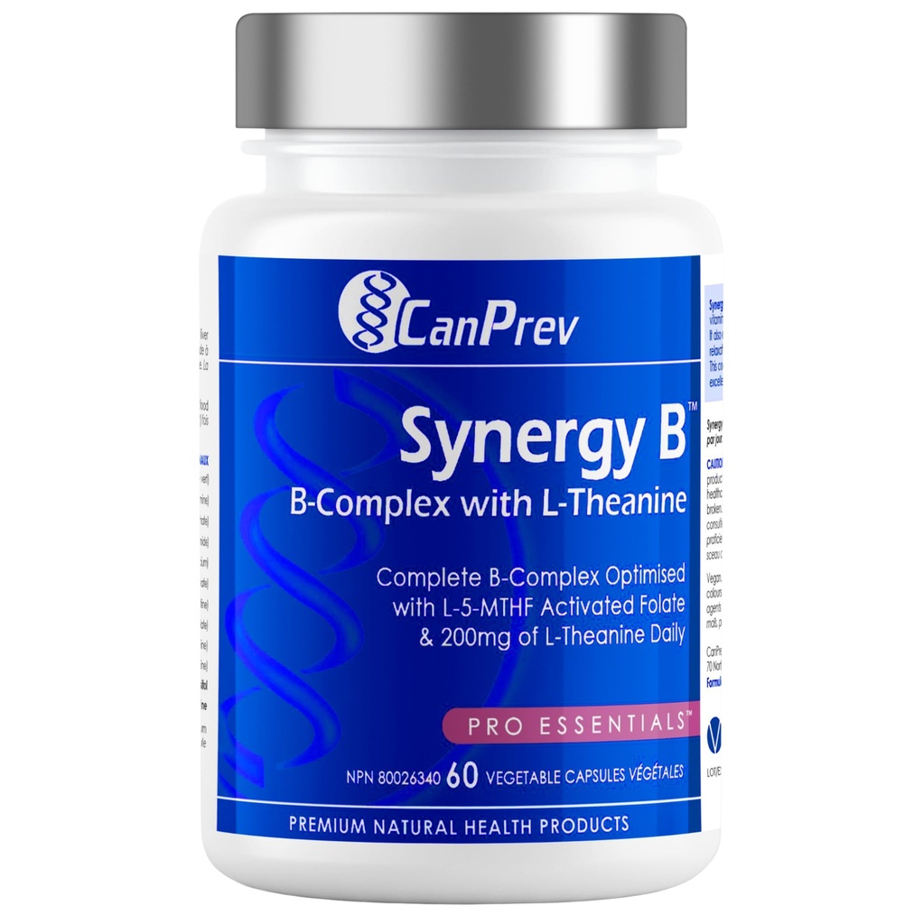 CanPrev Synergy B Complex z L-Theanine 60 Kapsule 30-dnevno dobavo - spodbujanje duševnega sproščanja, izboljšanje energije, kognitivno jasnost in podporo telo in um - Vegan, Ne-GMO in Gluten-free