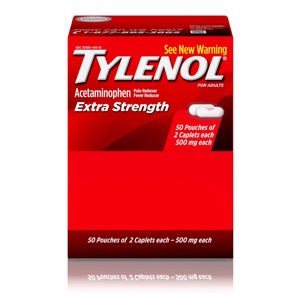 Tylenol Extra Strength Acetamofen Caplets, 500 mg, Pain Release & Fever Reducer za glavobol, Backache, Zobobol, Menstrualne Cramps & Bolečina, Potujoče-prijateljsko pakiranje, 2-kaptuške, 50 Število