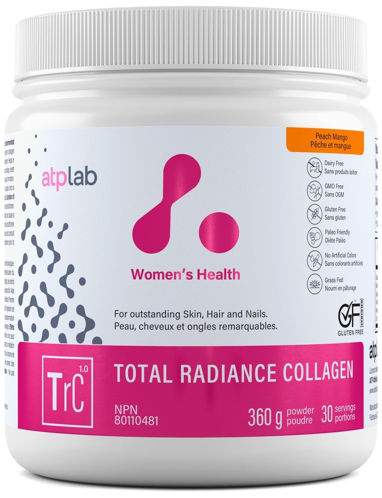 ATP LAB Total Radiance Collagen - Peach Mango Flavor, 360g - Kolagen peptidi v prahu za ženske - hidrolizirani kolagen beljakovin dodatek z Biotin