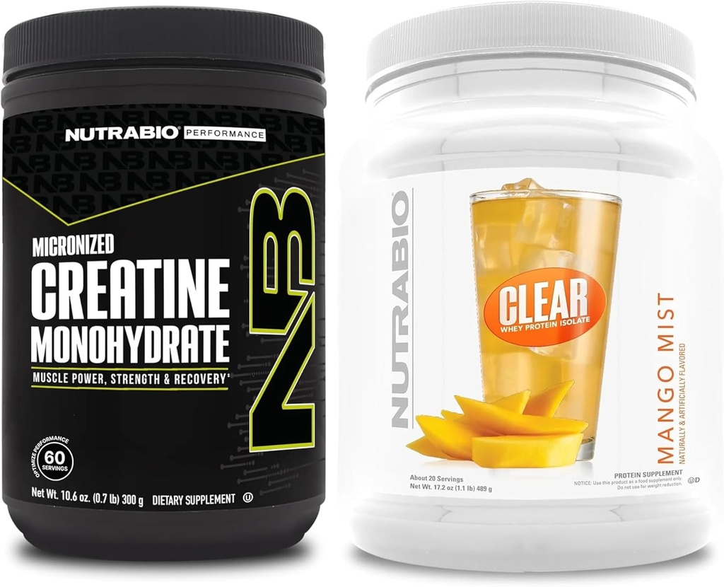 NutraBio Kreatin Monohidrat, brez arome, (300 g) in čisti izolat sirotkinih beljakovin, (Mango Mist) dopolnilo – mišična energija, največja rast, regeneracija in moč
