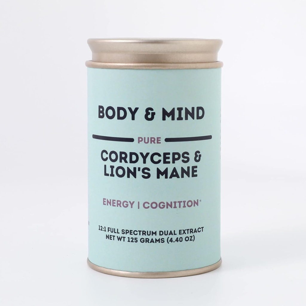 Body & Mind - Pure Organic Lion's Mane & Cordyceps Gobe 12:1 Dual Extract - Focus, Kognition, Energy, vzdržljivost - 100% sadna telesa - Dodaj v vodo/Tea/Coffee/Smoothies - 125 Grams