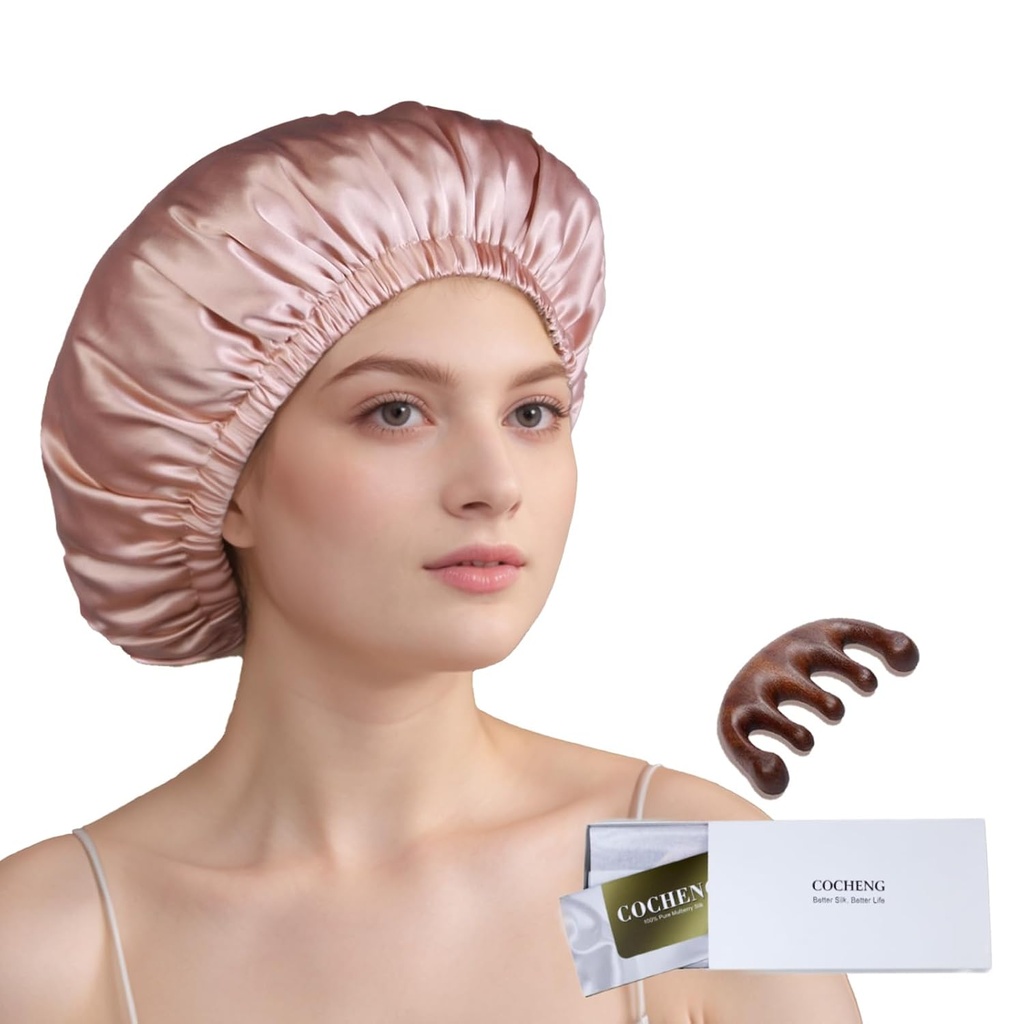 100% Mulberry Silk Bonnet za spalne ženske dolge lase - Dvojna plast spalna kapica -Silk spanja Bonnet z elastičnim bivanje na glavi (Pink, velika)