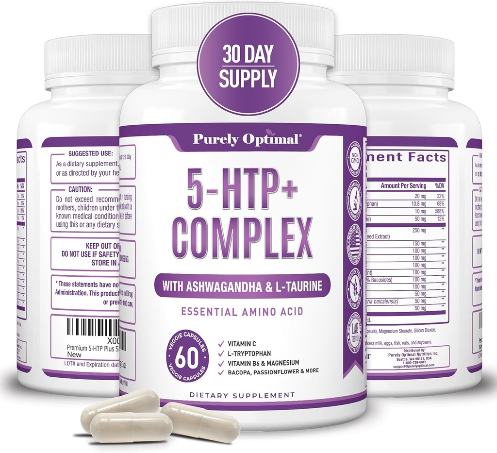 Premium 5-HTP Plus dodatek 250mg Največja moč - Pomoč za spanje, Mood Boost, spodbuja mir in sprostitev, Stress Management Podpora - Povečana z vitaminom B6, Gluten brezplačno, Non-GMO, 60 Veggie Caps