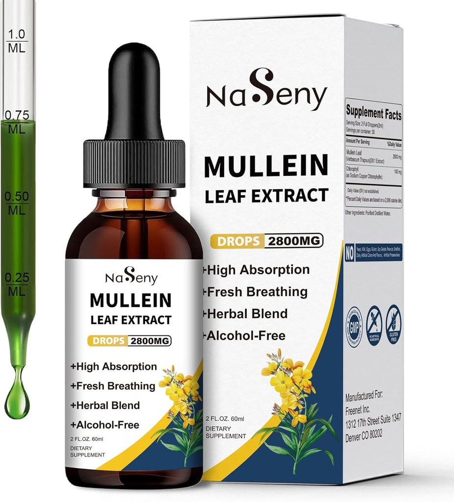Mullein kapljice za čiščenje pljuč, Mullein Leaf Extract Tekoči s klorofilom za kadilce, zeliščne tekoče kapljice Dopolnilo za dihala, Imuni (60ml)
