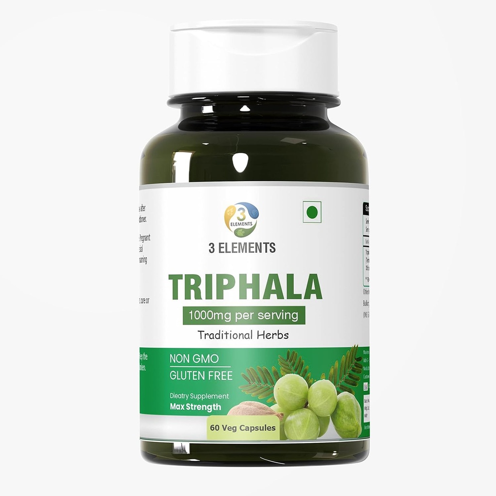 3elementi Triphala 1000mg I 60 Kapsule za dnevno razstrupljanje, čiščenje, & pomlajevanje, Prebava in podpora kolonij, Imunski sistem podpora, Adaptogen, Hranilo Dense, Vegan, Gluten-free