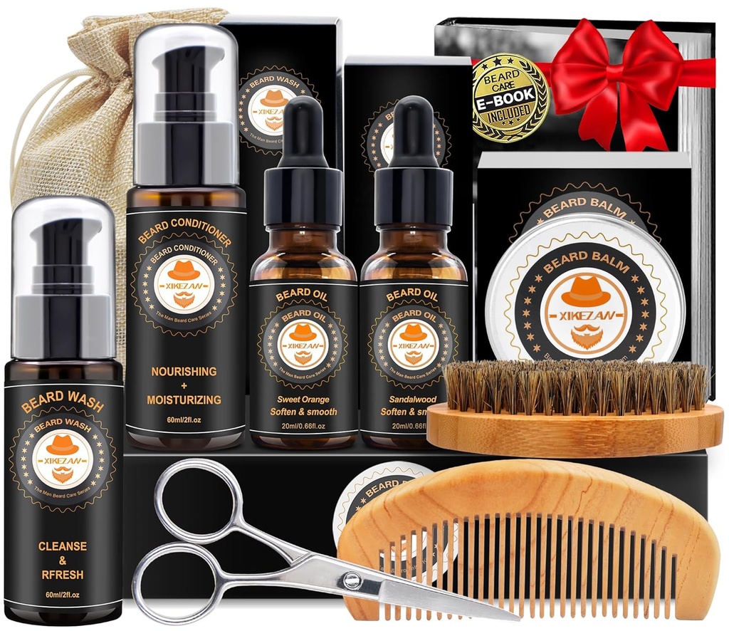 XIKEZAN Beard Kit za moške Grooming & Care w/Beard Conditioner, Wash, Oil, Balm, Brush, Comb,Birthday očetje Valentines Darila za moške mu oče mož fant prijatelj božična darila moški nogavice polnilniki