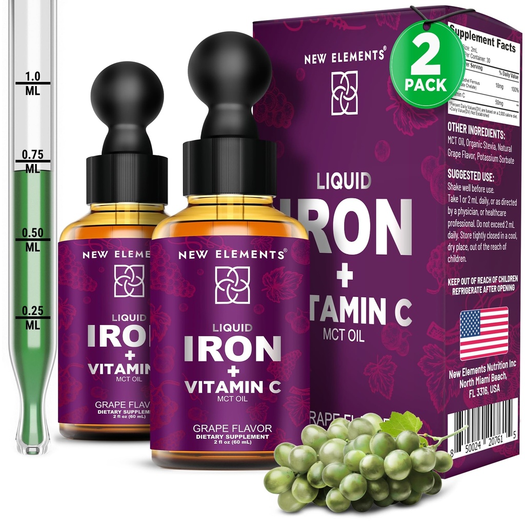 [2 Pack] Tekoči železovi dodatki z vitaminom C – 18mg železa in 50mg vitamina C za podporo anemija – Kapljice graditelja krvi za ženske in moške – hitra absorpcija, povečuje energijo in imuniteto – Vegan, Non-GMO