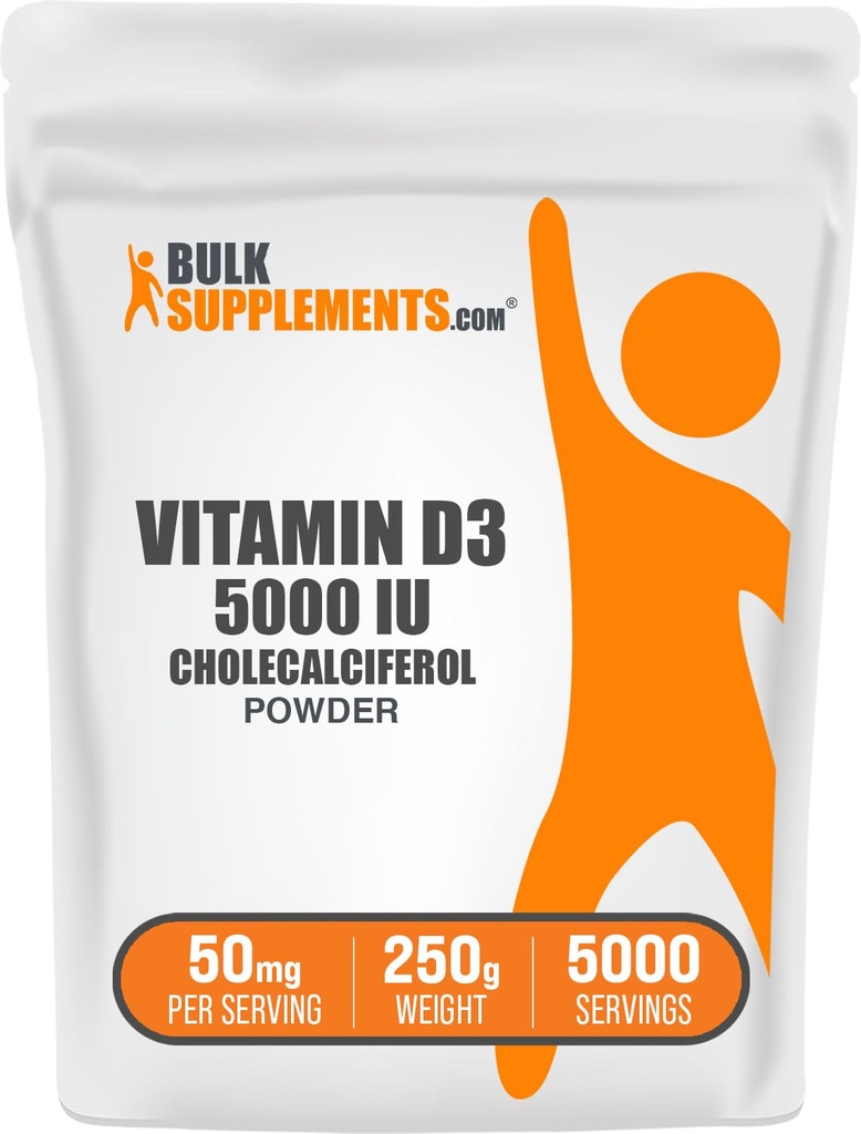 BulkSupplements.com Vitamin D3 Powder - holekalciferol, Dodatki vitamina D, 5000 i.e. - Gluten Free, 50mg (125mcg vitamina D3) na serviranje, 250g (8.8 oz) (Pack of 1)