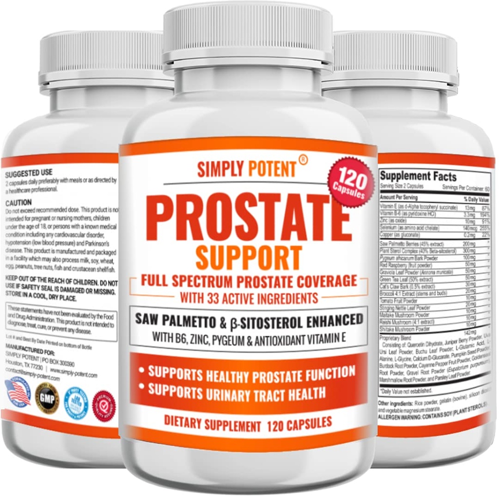 Dodatki prostate za moške (120 kapsul), Saw Palmetto Prostate Health Support - 33 Vitamini in zelišča - Beta sitosterol Plus B6, selen in cink za zdravo uriniranje Frekvenca in pretok in primeren spanec