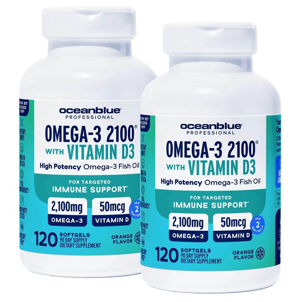 Oceanblue Professional Omega-3 2100 z vitaminom D3 – 120 ct – 2pack – Triple Strength Burpless Fish Oil Supplement z visoko potenco EPA, DHA, DPA in vitamin D3 – Wild-Caught – Orange Flavor