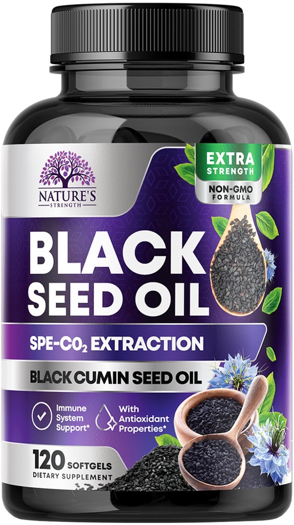 Kapsule črnega olja 1000mg s Thymokinonom - Pure Nigella Sativa za zdravje kože in imunske podpore, 100% črnosemensko olje, Neverjetna ekstrakcija nad hladno stisnjeno črno seme Cumin - 120 Softgels