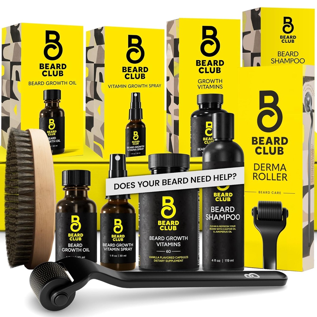 Brada klub Napredna Brada rast Kit - Derma roller, Rastno olje, Vitamini in Vitamin Spray, Šampon in Boar Bristle Brush - Set - Cedar