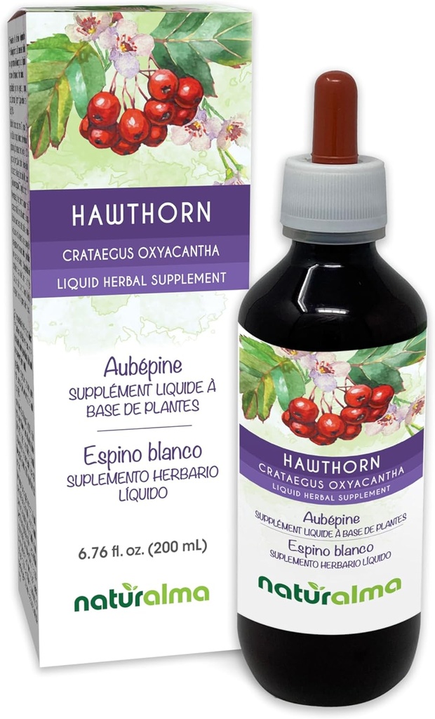 Naturalma Hawthorn (Crataegus oxyacantha) List in cvetje brez alkohola Tinktura - 6.76 fl oz Tekoči ekstrakt v kapljicah - Zeliščni dodatek - Vegan