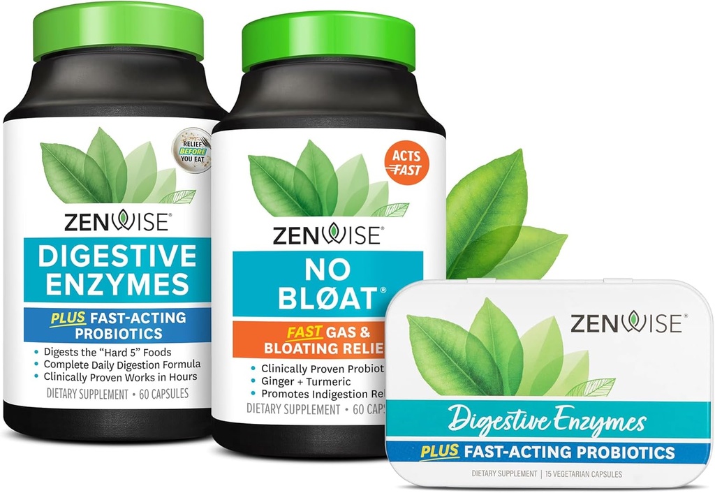 Zenwise Health Bliss Bundle Prebavne encime + Brez Bloat + Free Travel Tin - pre in post Prehranska digestivna rutina z encimi in probiotiki za prebavo