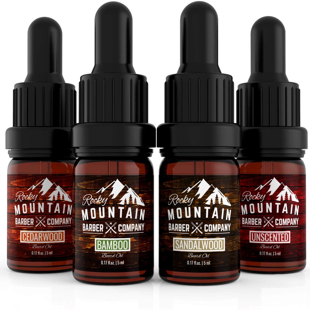 Rocky Mountain Barber Podjetje Beard Oil Vzorec Velikost Pack - 4 Edinstvena Beard Oil sorties (0,17 oz vsak) - Cedarwood, Sandalwood, Bamboo & Neoporečna – Vsebuje eterična olja