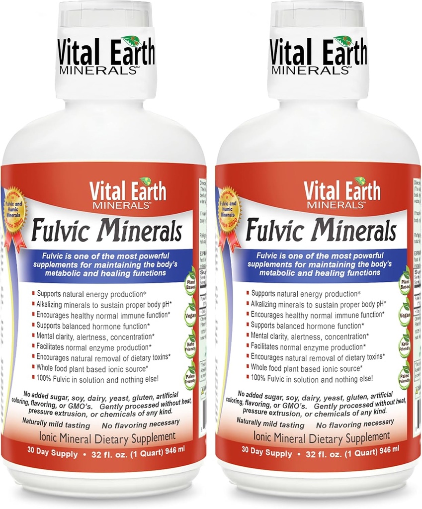 Vital Earth Minerali Fulvic Minerals Tekoči – Fulvic Acid dodatek s 70+ Trace Minerals, Elektroliti za energijo in vitalnost, 32 Oz Ea + 1 Oz pokal