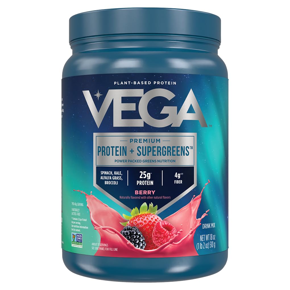 Vega proteini in zeleni proteini v prahu mešano jagodičje (11 serving) 25g beljakovin na osnovi rastlin Plus vegetarijanci, Vegan, ne-GMO, Pea proteini za ženske in moške, 1,2 kg