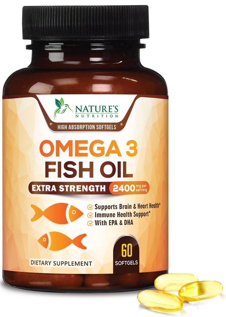 Omega 3 ribje olje 2400 mg – Trojna moč EPA & DHA Maščobne kisline za srce, Možgani in skupni podpora – Wild-caught, Burpless, Lemon Flavor dodatek – naravni, ne-GMO, Gluten-free – 60 Softgels