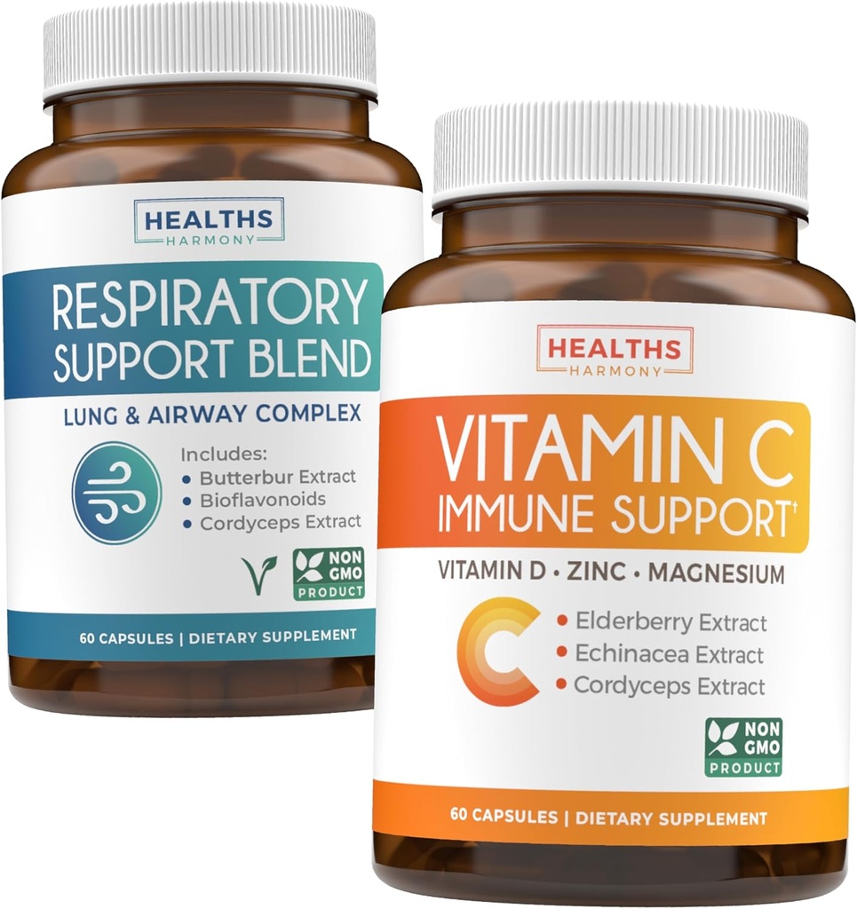 Dihala in vitamin C (1-mesečna zaloga) Zadah Easy Bundle - dihalna podpora Deep Lung Cleanse for Airways Health (60 kap) & Vitamin C Imune Support Supplement - Immunity Boost Mešanica (60 kap)