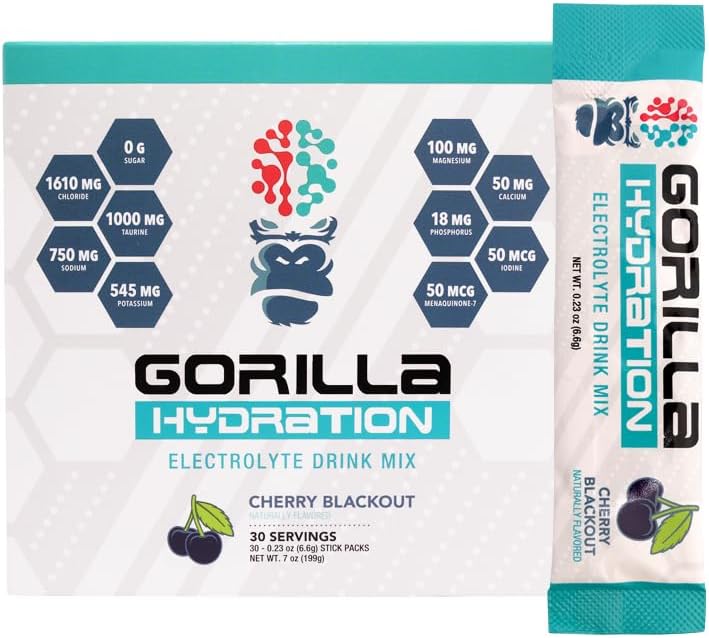 Gorilla Mind Hydration Packets - 3,073mg Elektroliti na Go Prijetna pijača Mix za celovito polepševanje - nič sladkorja, naravno sladkan in nastil prijateljski - 30 Count (Cherry Blackout)