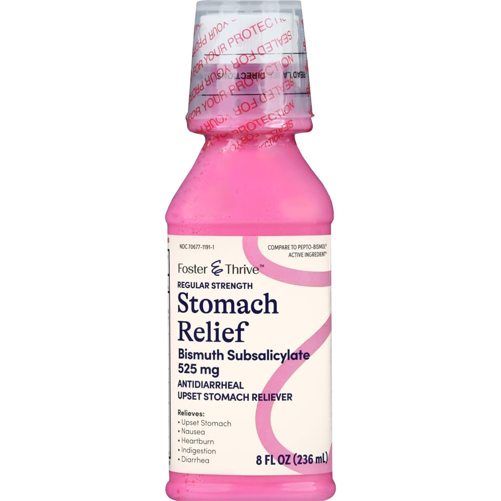 Foster & Trive Relief trebuh tekočina za slabost, zgaga, prebavne motnje, vznemirjen trebuh, in driska - hitro lajšanje za 5 simptomov, antidiareja, Bismut subsalicilat 525 mg, Original, 8 Oz