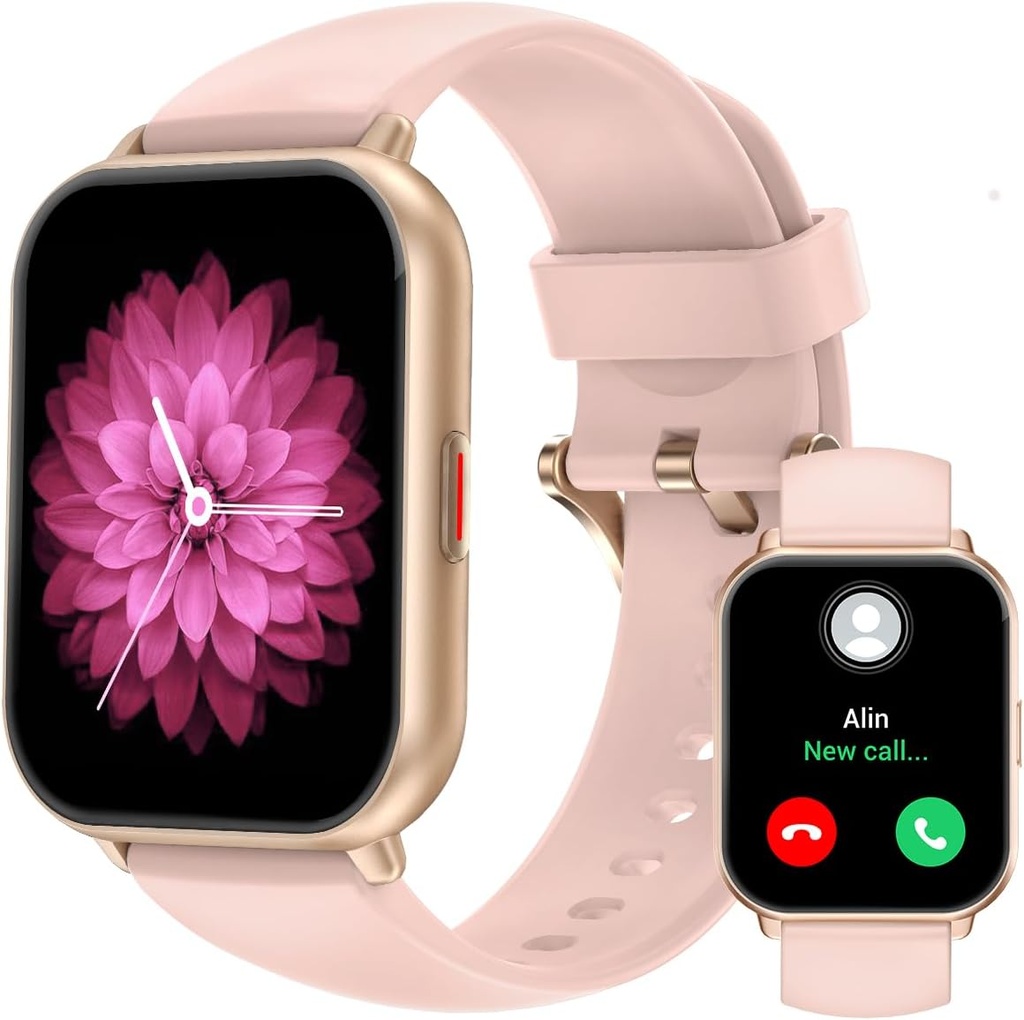 RUIMEN Pametne ure za moške ženske (Odgovor / Make Calls, 2 pasovi vključeni), 1.8" Smartwatch za iOS/Android telefoni, Fitnes Tracker Heart Rate/Speep Monitor Digitalna Watch vodoodporna roza