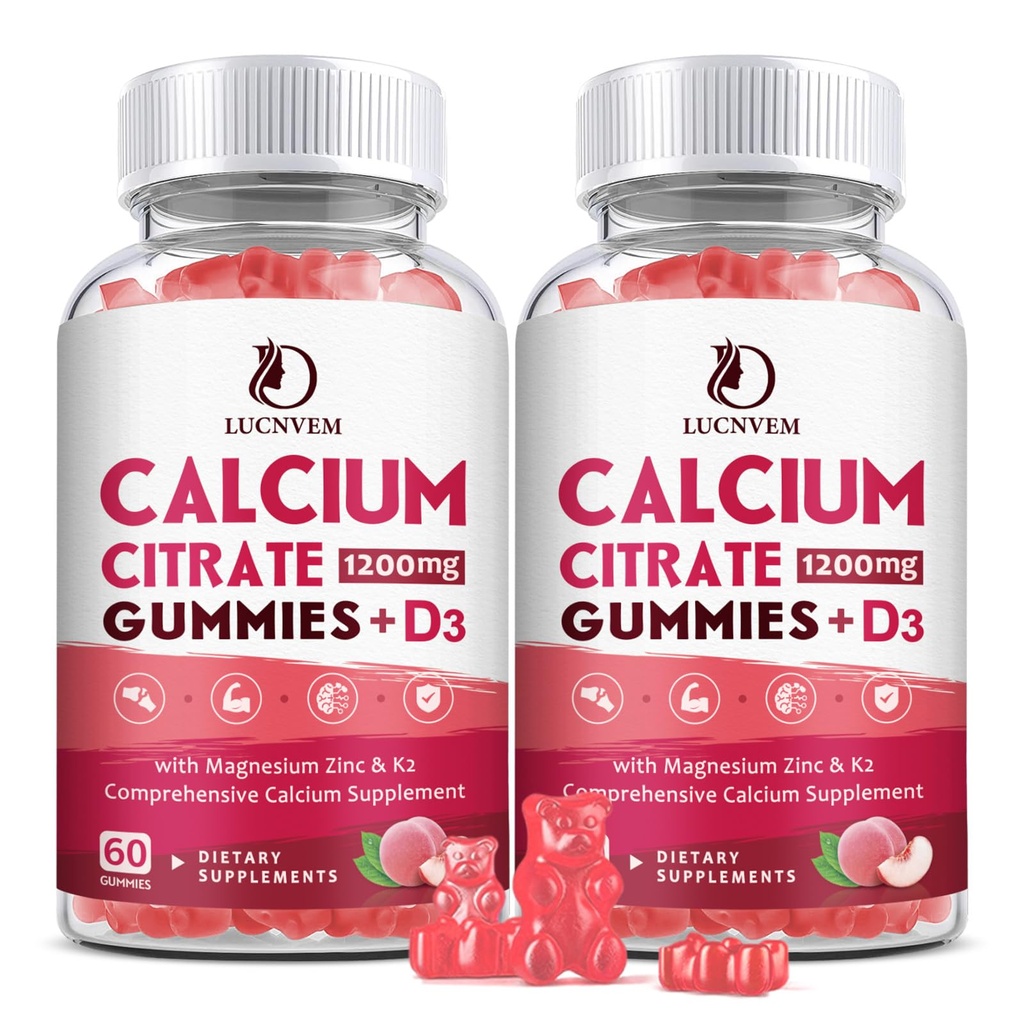 (2 pakiranji) Kalcijev citrat 1200 mg z vitaminom D3 dopolnjuje Gumije za ženske in moške, kalcijeve žvečilke z vitaminom D3 K2, visoka absorpcija za zdravo mišico kosti- Breskova aroma- 60 dan