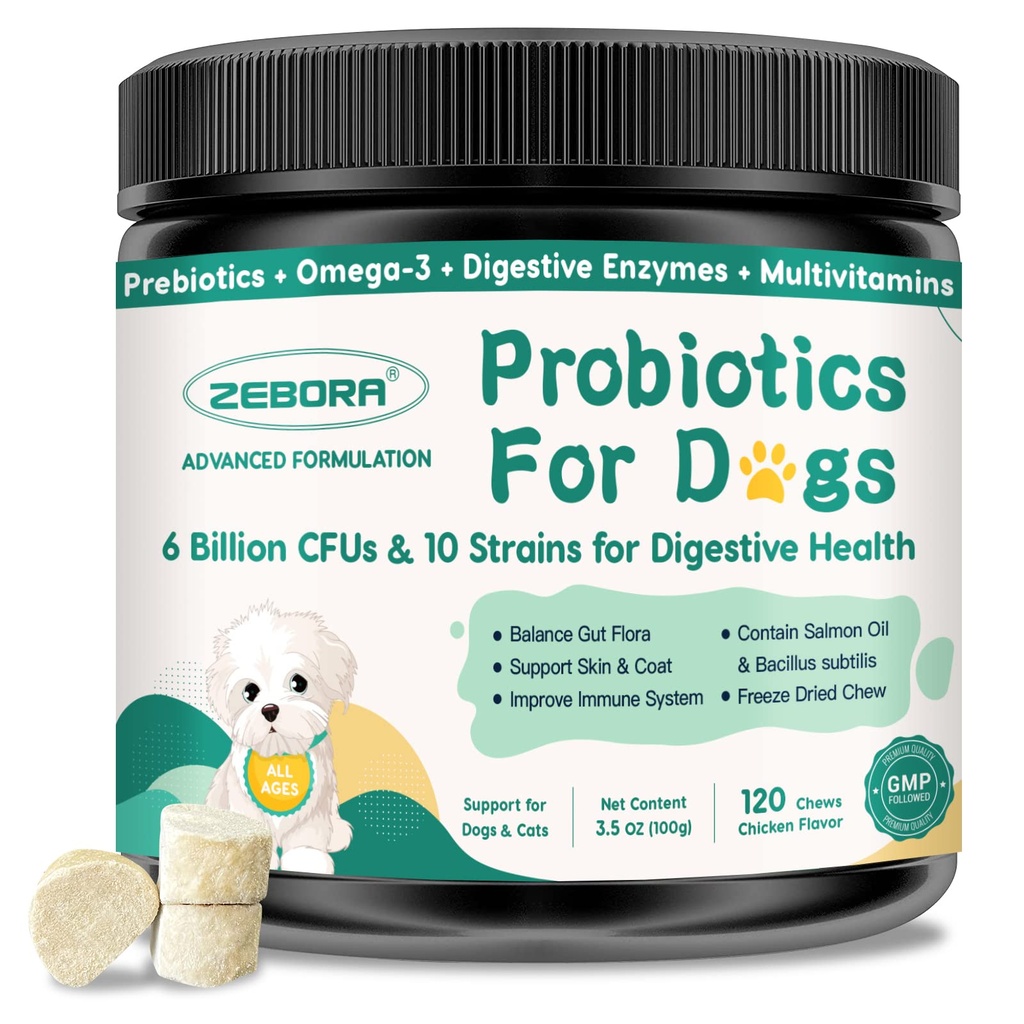 Probiotiki za pse Prebavno zdravje, Probiotiki za pse in prebavne encime, Prebiotiki, Omega-3 & 6 in Vitamin za pse, 6 milijard CFU za zdravje in imuno podporo, 120 Chews