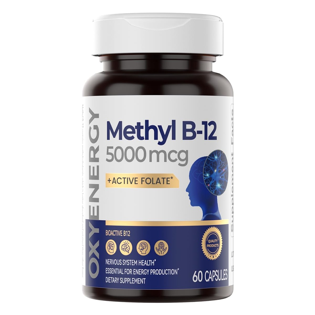 OxyEnergy Metil Vitamin B12 5000mcg, Extra Jakost Metilcobalamin B-12 Dodatki s Folat, Podpora Živci, Energy Presnova in kognitivne,60 Kapsule