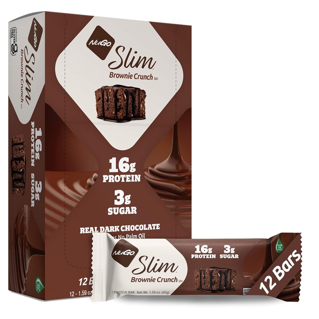 NuGo Slim temna čokolada Brownie Crunch, 16g proteinska čokolada, Gluten Free, Non-GMO, Kosher, Keto prijazno, Nizko karb, 12 Count