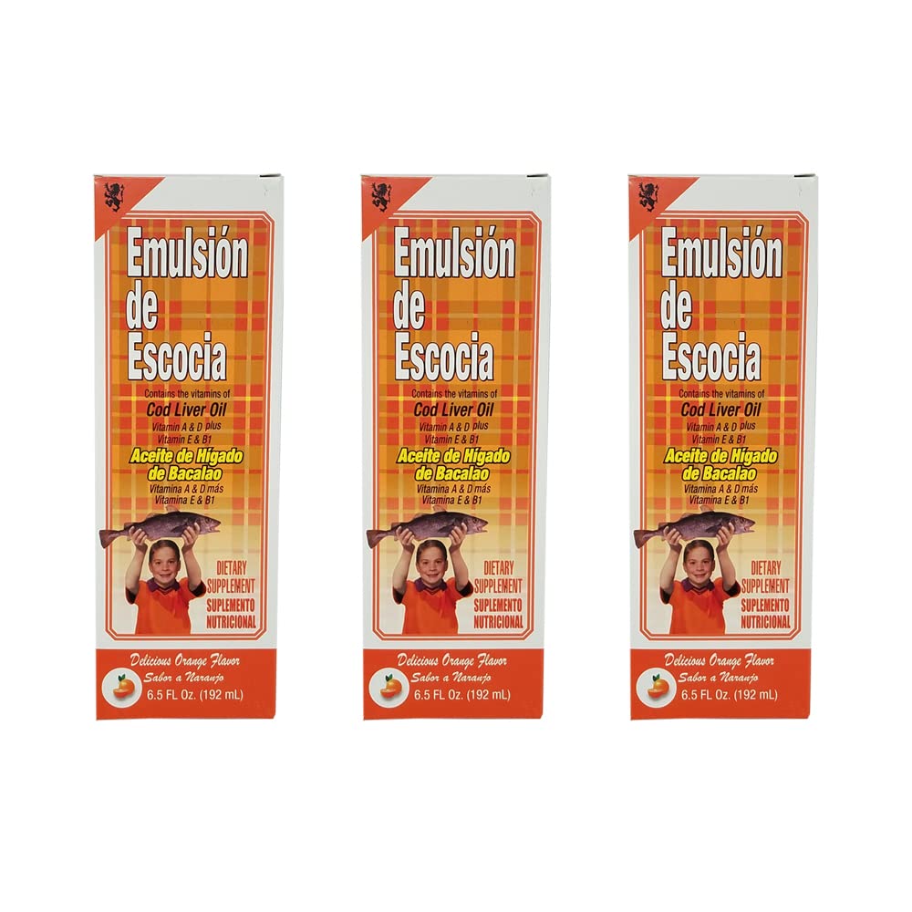 Emulzija de Escocia. Prehranska dopolnila za trsko olje iz jeter. Bogata z vitamini A, D, E in B1. Oranžna aroma. 6, 5 Fl.Oz / 192 ml. Pakiranje po 3