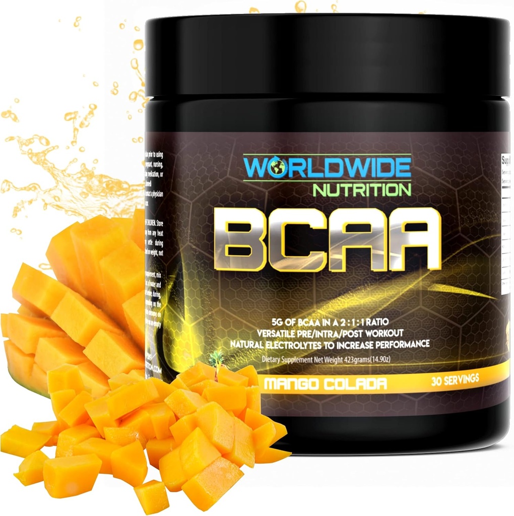 Svetovna prehrana BCAA v prahu - razvejane verige aminokislin - Pre Intra Post Workout dodatek za moške in ženske - Naravni elektroliti v prahu za BCAA energije - Mango Colada - 30 Servings