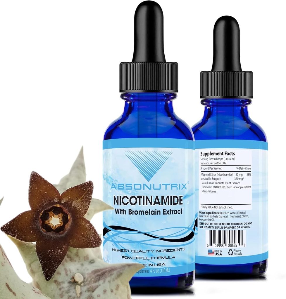 Absonutrix Nikotinamid z Bromelain Extract Napredno Formula 390 mg, 4 Oz Liquid, 302 Serving, Izdelano v ZDA, Hitra absorpcija, Kakovost Močne sestavine, Ne-GMO, GMP Certified Facility