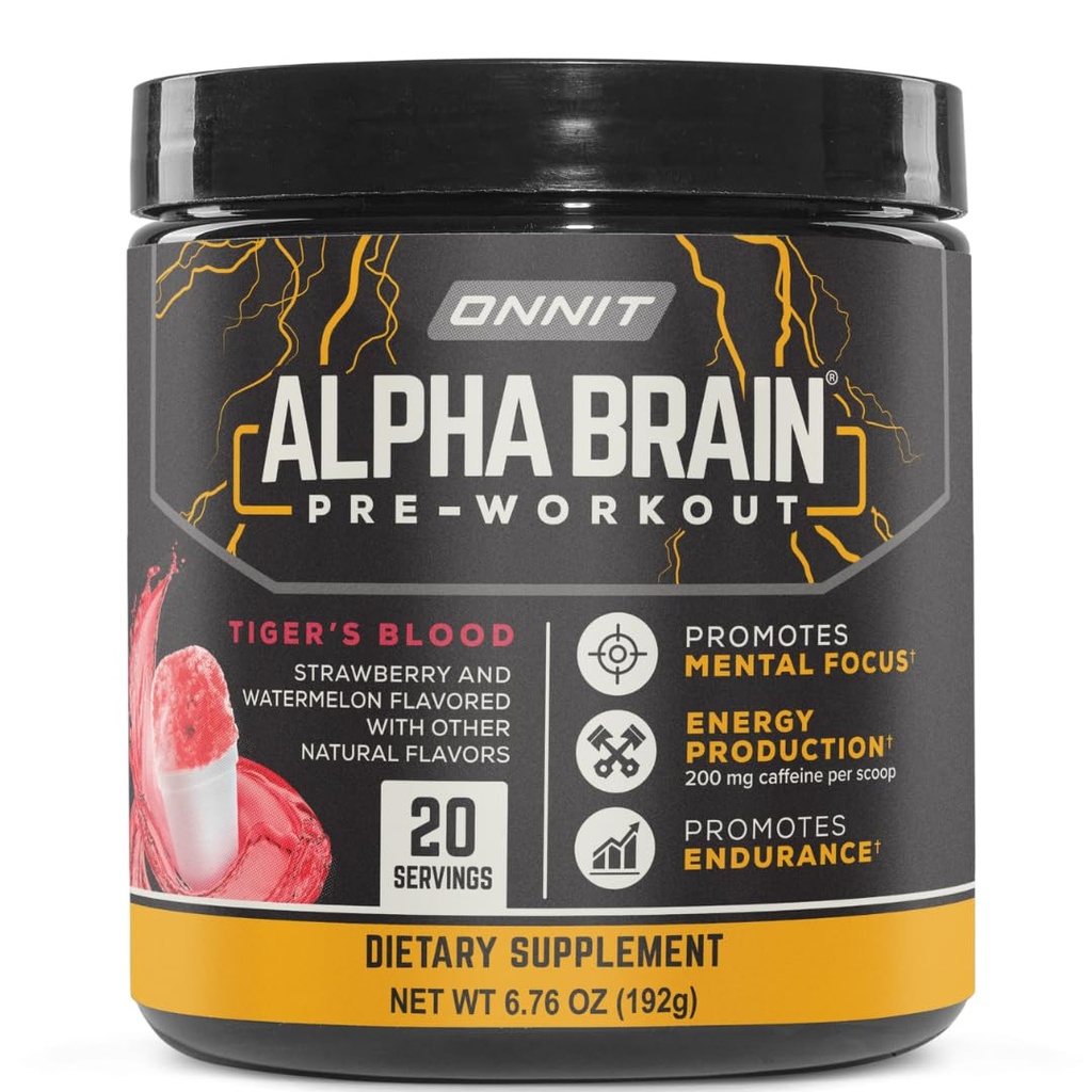 ONNIT Alpha Brain Pre-Workout Powder, IGENTM Non-GMO Tested, Tiger's Blood Flavor, Pred-workout dodatek za ženske in moške, Dietni dodatek, 20 Serving na Tub, 6.76 oz
