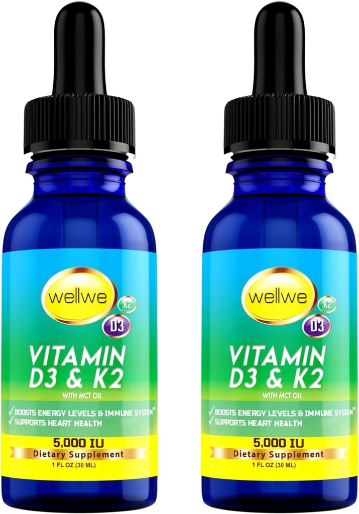 2 plastenke Tekoči vitamin D3 K2 Kapljice 5000 i.e. z MCT oljem - veganski tekoči vitamin D dodatek za povečanje energijske ravni, razpoloženja in imunskega sistema, brez arome, brez vonja, brez glutena, brez GMO, 2 Fl Oz