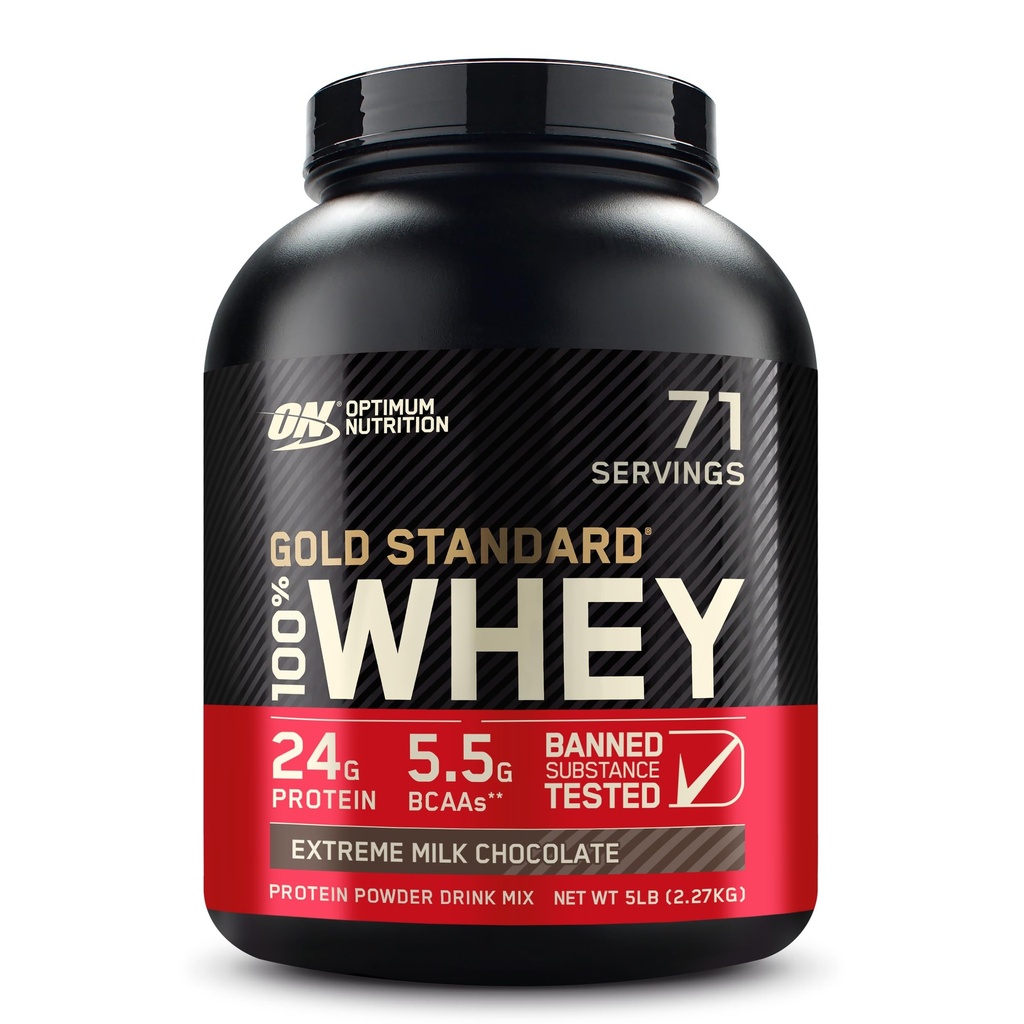 Optimum Nutrition Gold Standard 100% Whey Protein v prahu, Ekstremna mlečna čokolada, 5 funtov (Packageing May Vary)