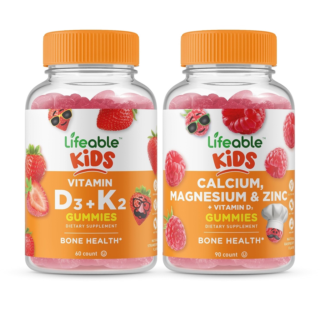 Življenjski Vitamin D3 + Vitamin K2 Otroci + Kalcij Magnezij & cink Otroci, Gumies Bundle - odličen okus, Vitamin dodatek, Gluten brezplačno, GSO brezplačno, Žvečljivi Gummy