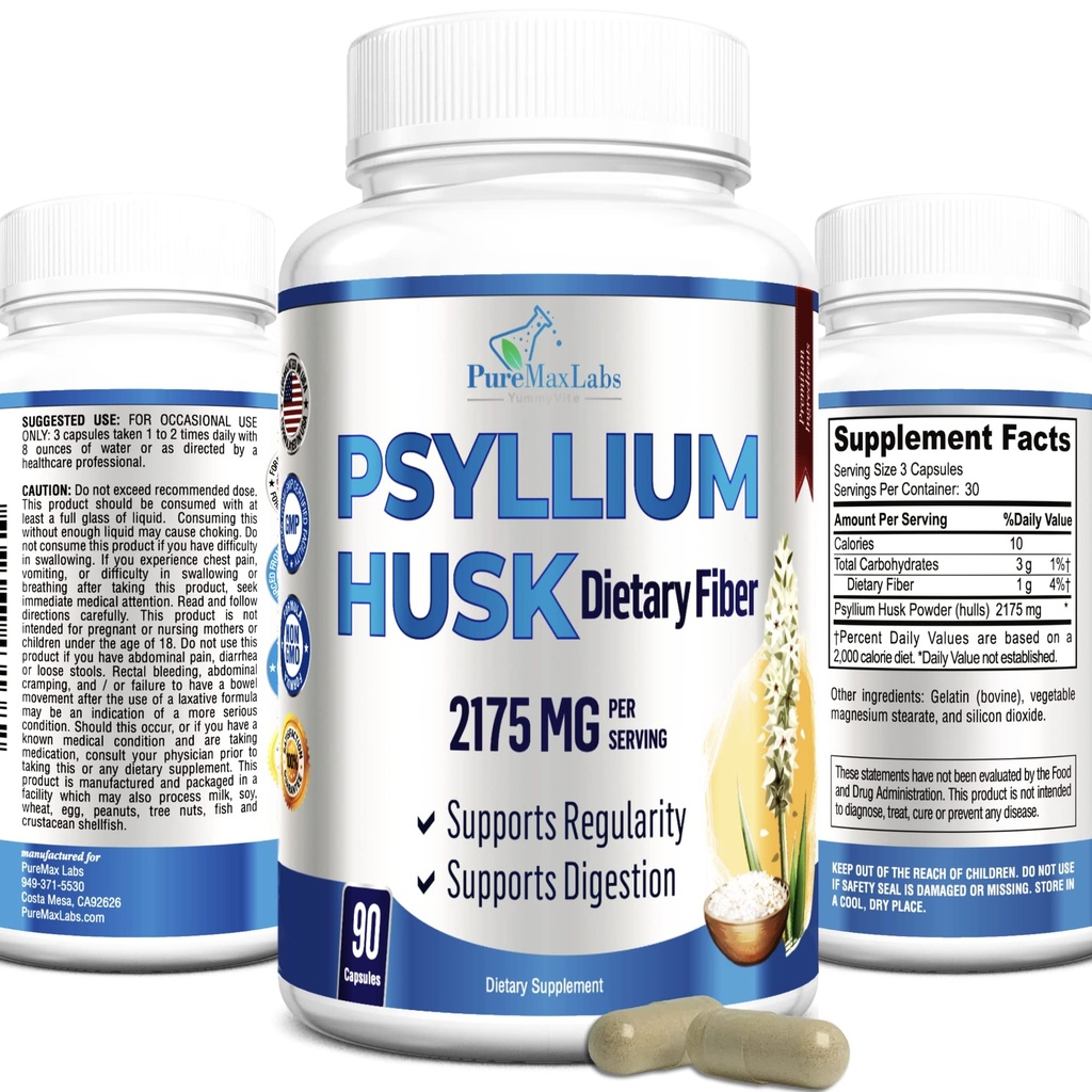 Psylium Husk prehranska vlaknina dodatek 2175 mg, ne-GMO, 90 kapsul