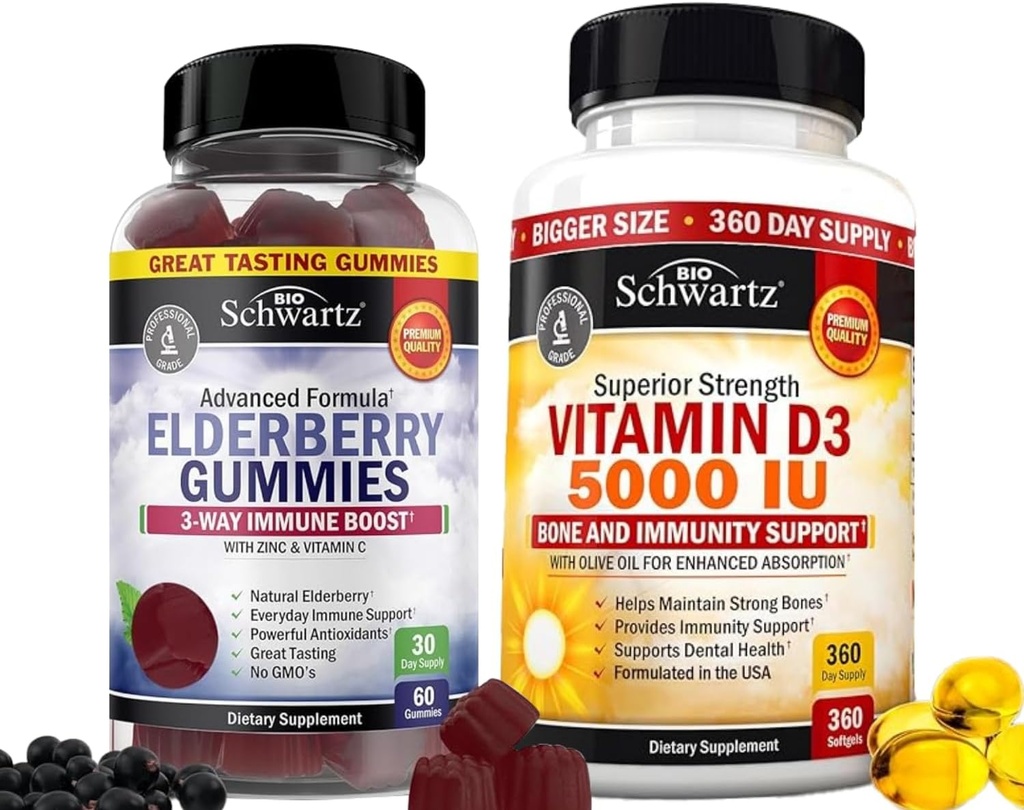 BioSchwartz Elderberry Gumies z cinkom in vitaminom C za odrasle Imunska podpora (1 mesec oskrbe) Plus vitamin visoke trdnosti D3 5000 i.e. 125 μg (1 leto oskrbe)