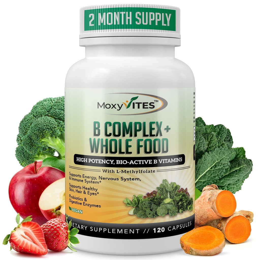 MoxyVites Vitamin B Complex - B Vitamini Cela prehranska dopolnila, B12 Metilkobalamin, B1, B2, B3, B5, B6, B7, B9 - za stres, energijo in imunske podpore, Vegan, 120 kapsul