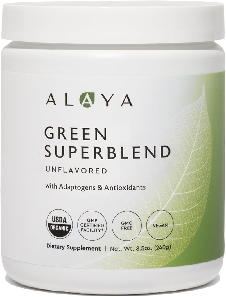 Alaya Organic Super Greens Powder - Premium Green Juice Superfood Supplement Powder - Adaptogeni, Antioksidanti in probiotiki Mešanica - USDA Organic, Non-GMO, Vegan - 30 Serving (nearomatizirana)