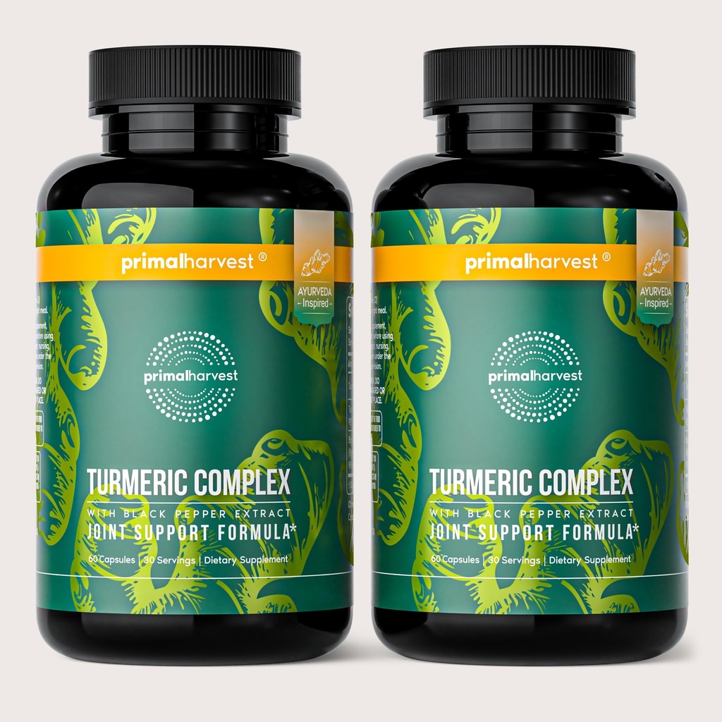 Primal Harvest 2 Pack, Primal Turmeric Complex w/ Black Pepper Extract, Skupna podpora in mobilnost dopolnilo za ženske in moške, 120 kapsul