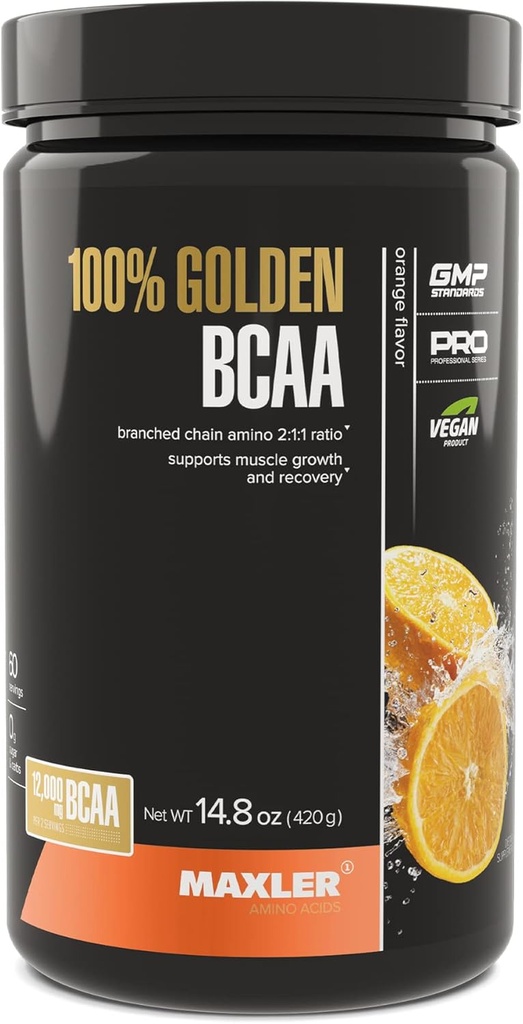 Maxler 100% Golden BCAA Powder - intra & post trening recovery Drink za pospešeno okrevanje mišic in rast mišic - 6 g Vegan BCAA Aminokisline - 60 Serving - Orange
