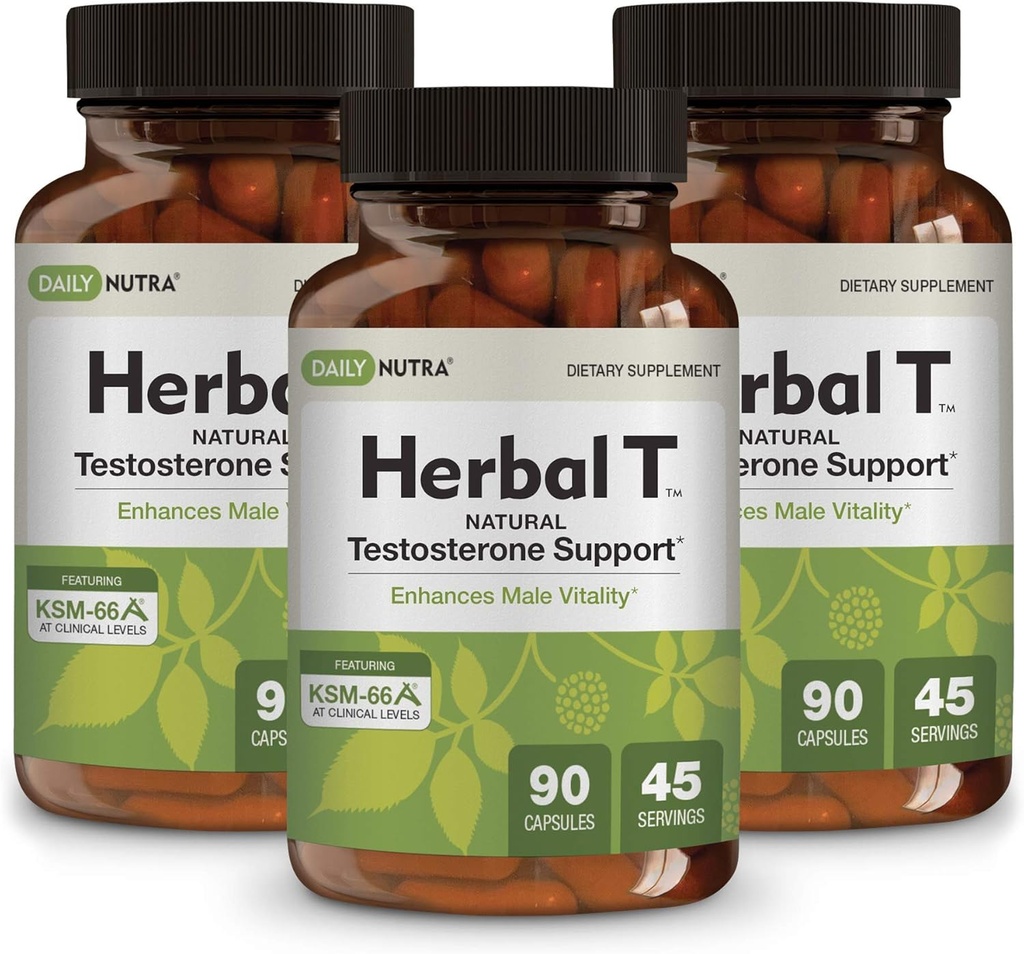 DailyNutra Herbal T Men's Health Formula Dopolnilo za vzdržljivost, Vitalnost, & zdravo staranje - z KSM-66 Ashwagandha, Tongkat Ali, Tribulus, Eleuthero, & Horny Kozel Weed (3-Pack)