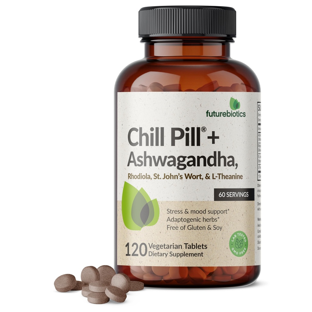 Futurebiotics Chill tablete + Ashwagandha, Rhodiola, St John's Wort, & L-Theanin - Non-GMO, 120 vegetarijanske tablete